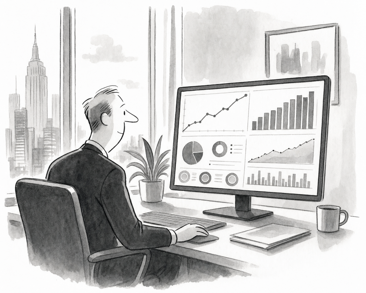 Professional business analytics dashboard showing financial performance metrics, with clean bar charts, line graphs trending upward, and numerical indicators on a modern computer screen, bright office setting with soft natural lighting, corporate finance theme, minimal and sleek design