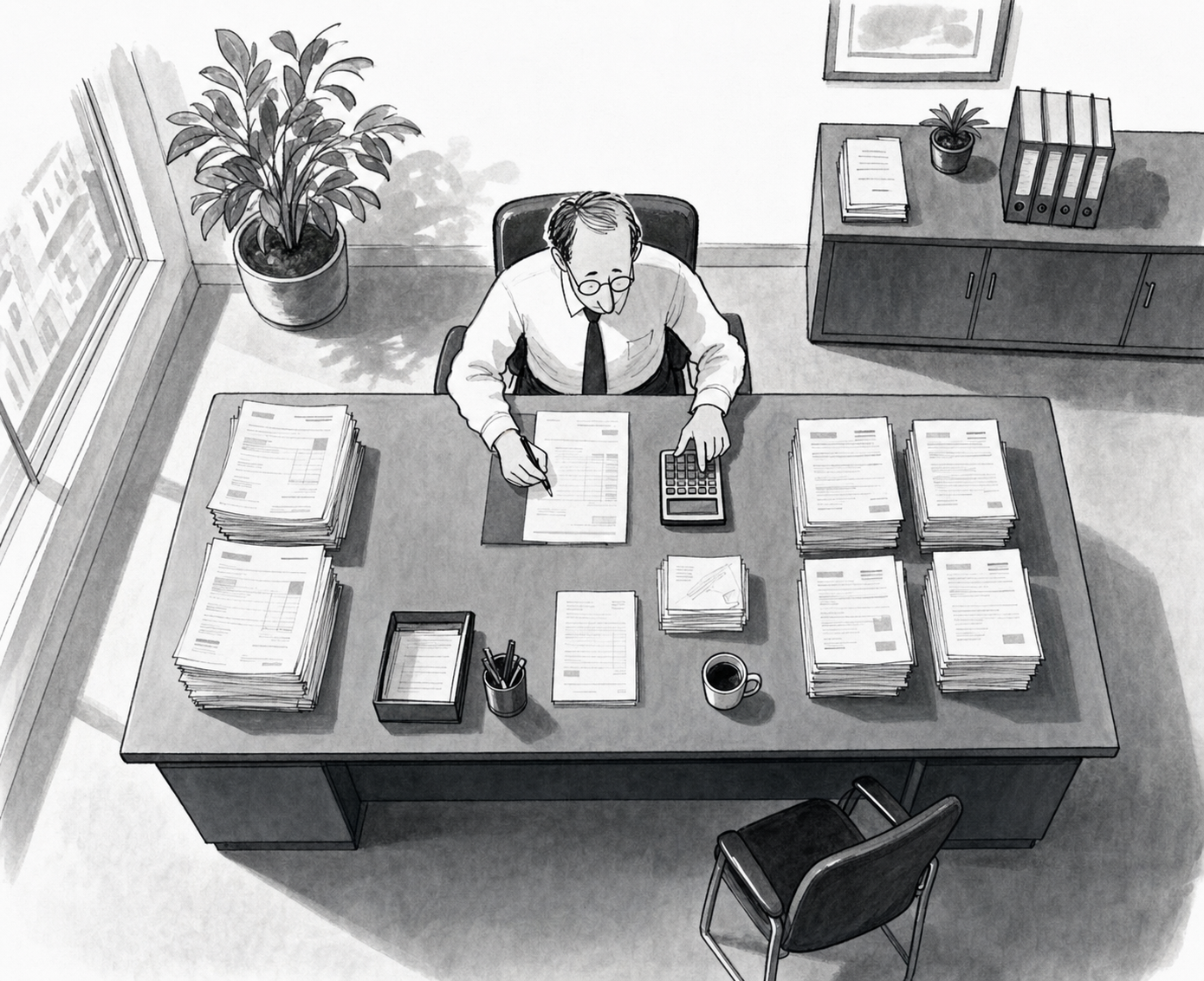 Professional office desk with organized stacks of invoice documents, payment reminders, and accounting paperwork, overhead view, clean modern office setting with natural lighting, business finance theme