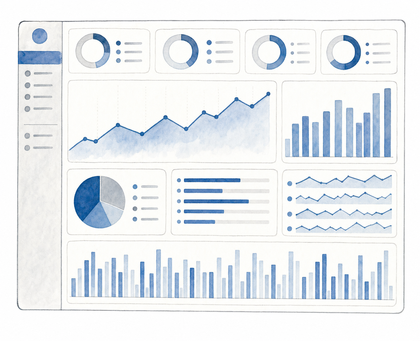 A clean, modern business analytics dashboard showing financial metrics and KPIs, with circular gauges, bar charts, and trend lines in blues and grays. Focus on abstract data visualization elements like percentage indicators, time-based graphs, and performance metrics. Professional, minimalist design on a light background. No text, numbers, or letters visible.