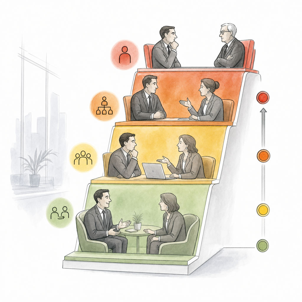 A professional business illustration showing an escalation staircase or ladder with four ascending levels, representing a gradual progression from gentle to firm communication. Each level should have a distinct visual indicator like different colors (soft green to amber to red) or intensity markers. The style should be clean, modern, and business-appropriate with a focus on the concept of measured, professional escalation without confrontation. No text or letters.
