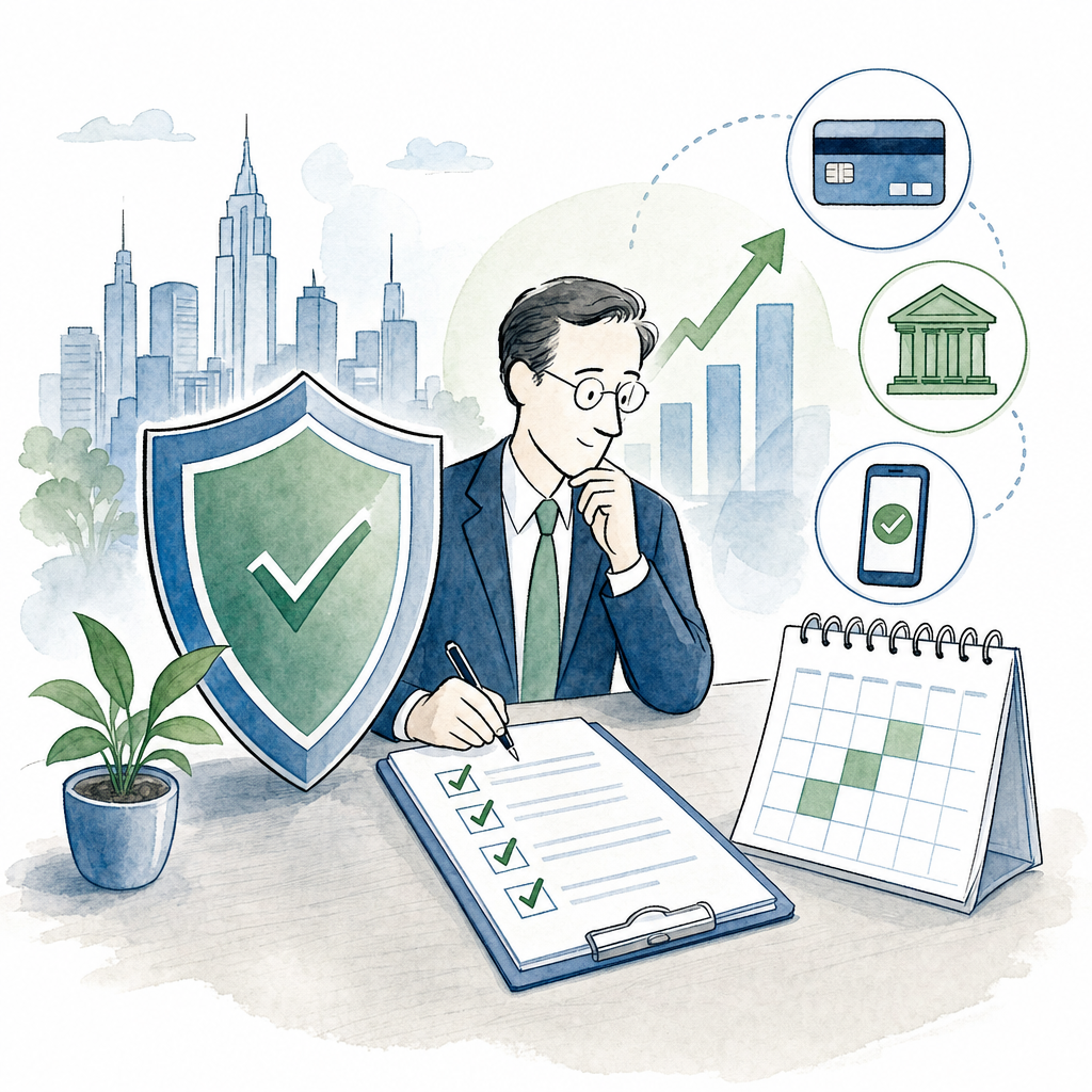 A professional business illustration showing prevention and proactive planning concepts. Visual elements include a protective shield, a checklist with tick marks, a calendar with highlighted dates, multiple payment method icons (card, bank, mobile), and upward-trending graph elements. The style should be clean, modern, and business-appropriate with a color palette of blues and greens suggesting trust and growth. No text or letters.