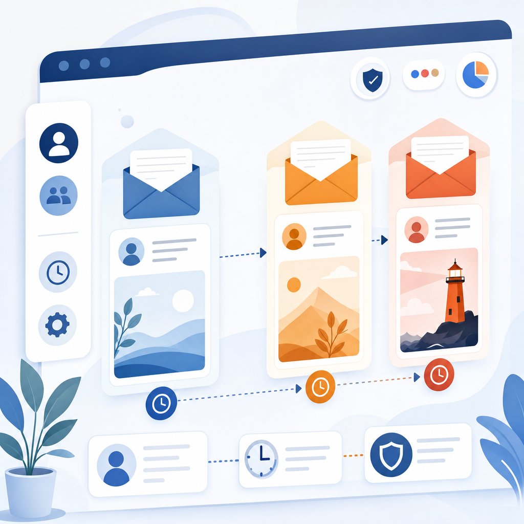 A modern business illustration showing email customization and communication workflow. Display a sleek dashboard or interface concept with multiple email message cards arranged in a sequence, each with different visual tones (gentle, firm, final notice). Include elements suggesting personalization like customer profile icons, timing indicators, and brand consistency symbols. Use a professional color palette with blues, oranges, and whites. Clean, minimal business illustration style with no text or letters.