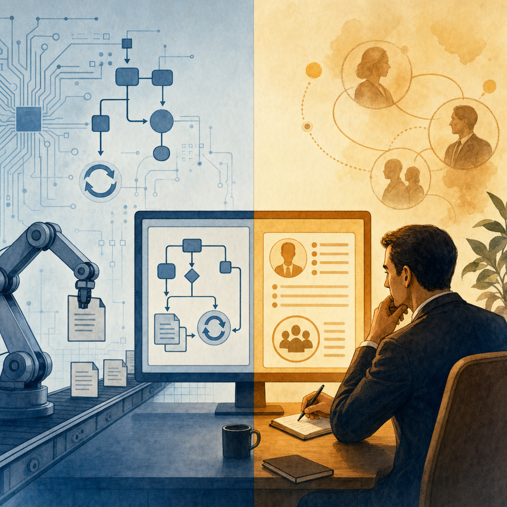 A professional split-screen illustration showing contrast between automation and human expertise in business finance. Left side: geometric circuit patterns, flowcharts, and automated retry symbols in cool blues and grays. Right side: warm, thoughtful business professional reviewing customer context on a screen with personalized notes and relationship indicators in warm oranges and golds. Clean, modern business illustration style, no text or letters.