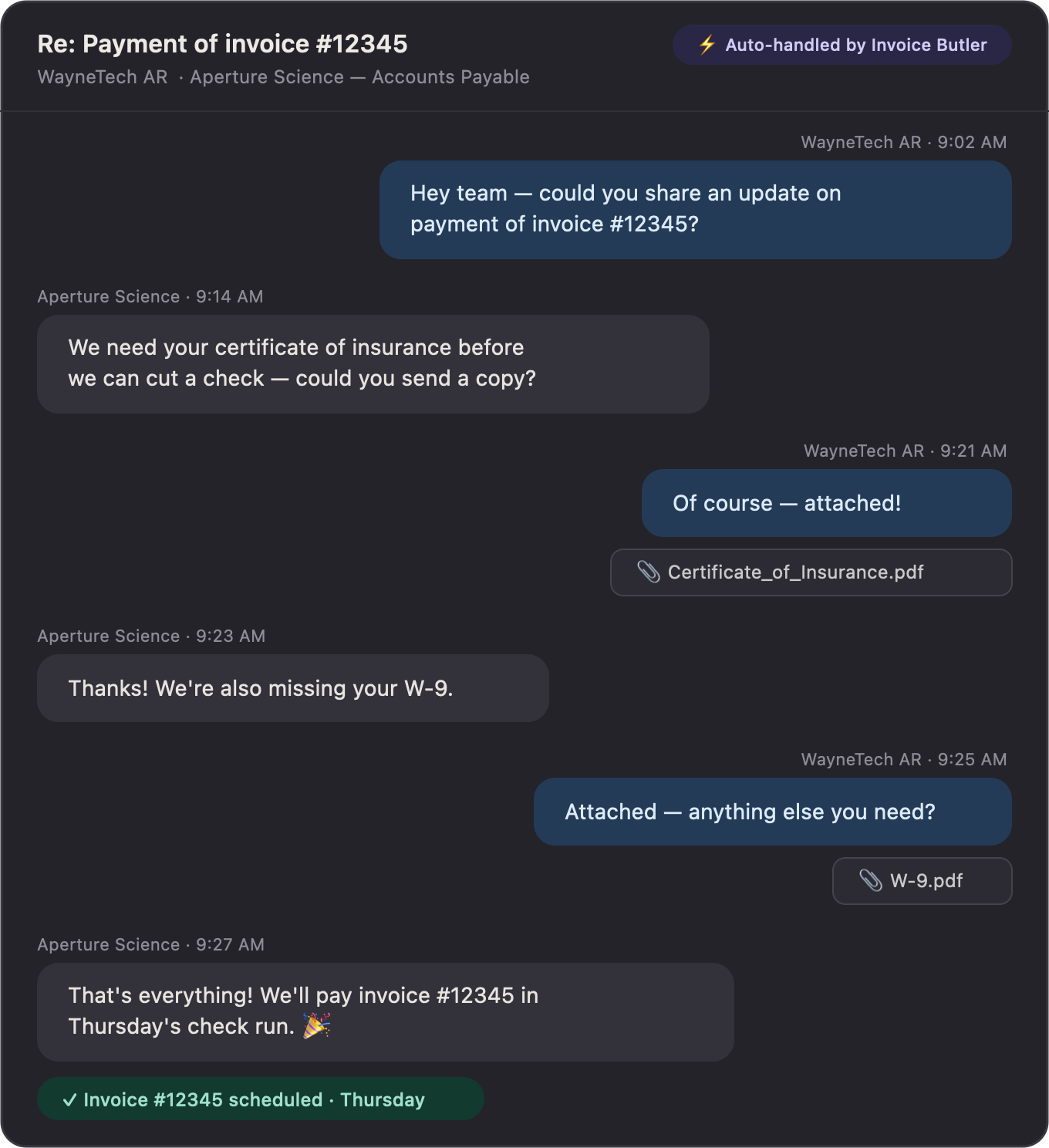 Email thread: Invoice Butler sends a customer the certificate of insurance and W-9, and the customer schedules payment of invoice #12345 for Thursday's check run.
