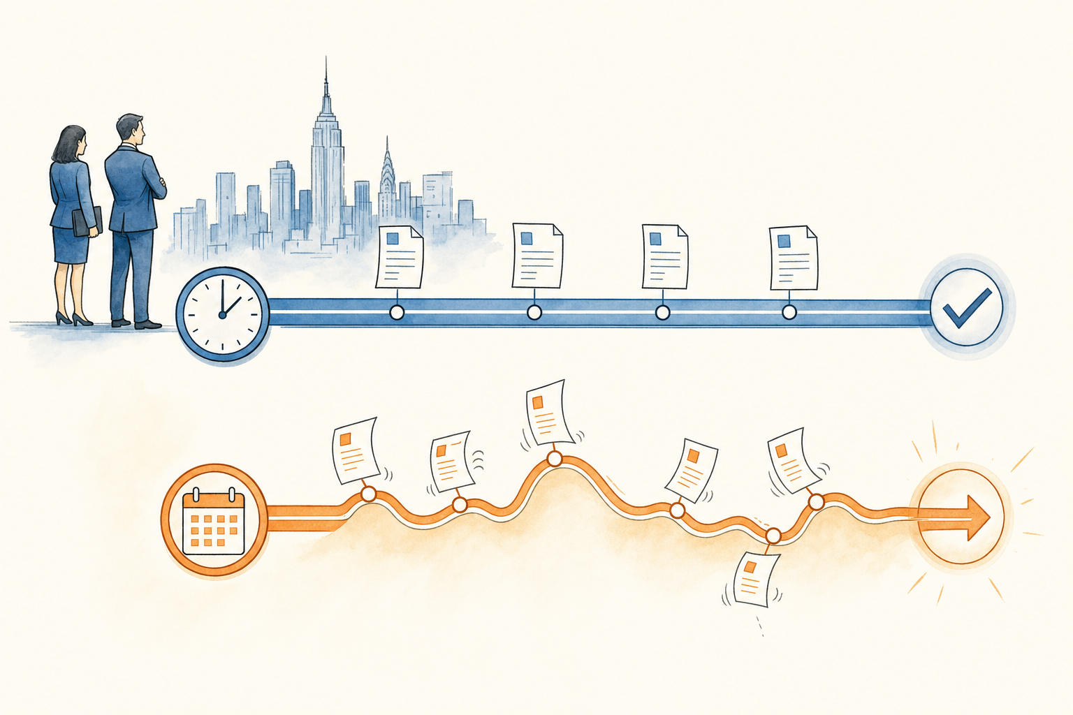 A professional business illustration showing two parallel timelines or paths diverging, one representing stated payment terms (clean, straight line at 30 days) and another showing actual customer payment behavior (irregular, extended line reaching 55+ days), with calendar or clock elements, invoices floating along the paths, blue and orange color scheme, clean modern style, no text or labels