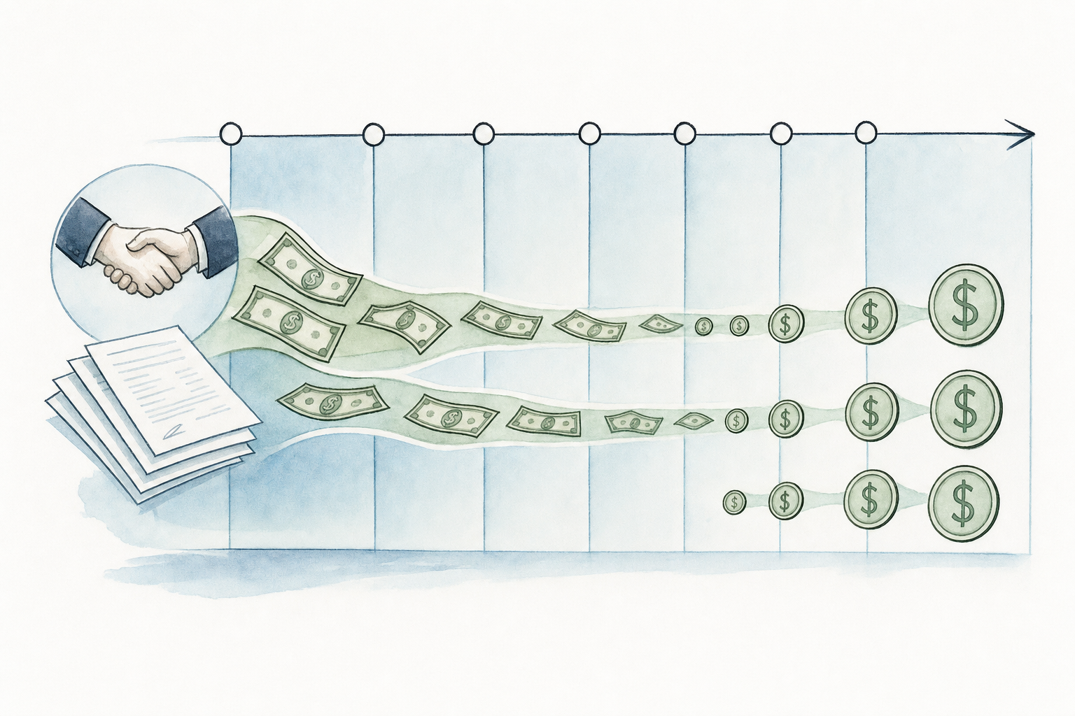 A clean business illustration showing cash flow timeline visualization with multiple time periods represented as columns, dollar bills or currency symbols flowing from left to right across different time buckets, showing the concept of credit sales converting to cash over multiple months, professional financial diagram style with blue and green color scheme, no text or labels