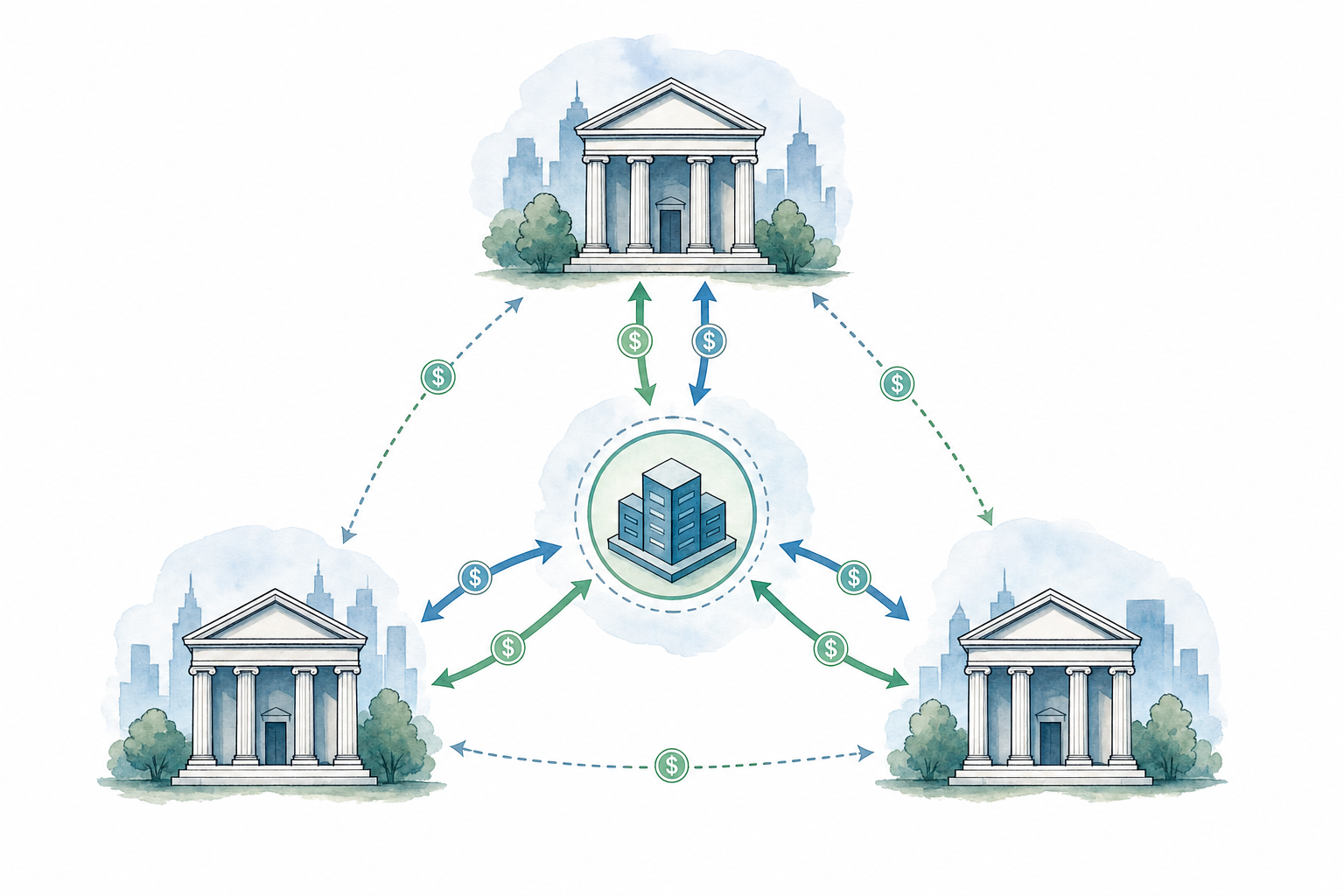 A clean, modern diagram showing the flow of money between three banks in an electronic payment network. Show three building icons representing banks connected by flowing arrows indicating the movement of funds through a central clearing house. Use a professional color scheme with blues and greens. The illustration should convey the concept of automated electronic transactions moving between financial institutions in a network. Minimalist, professional style suitable for a financial services article.