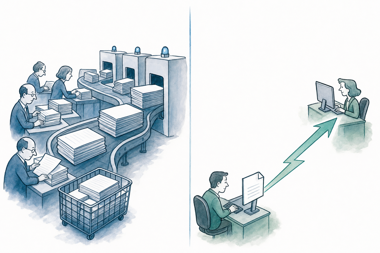 A professional side-by-side comparison visualization showing two different payment methods. On the left, show stacked batches of documents moving through a processing queue to represent batch processing. On the right, show a single direct arrow or lightning bolt path representing immediate real-time transfer. Use a clean, modern business illustration style with blues and greens. The image should visually contrast slow batch processing versus fast individual processing without any text or labels. Minimalist, professional financial services aesthetic.