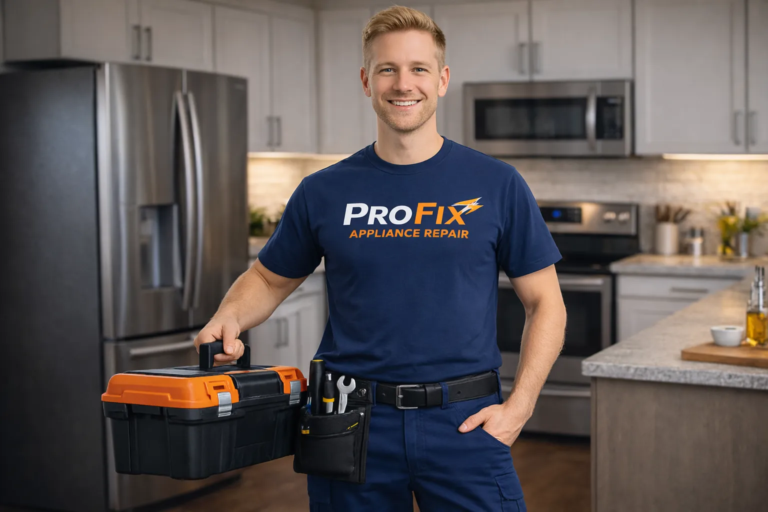Smiling handyman in blue ProFix Appliance Repair shirt holding a black and orange toolbox in a modern kitchen.