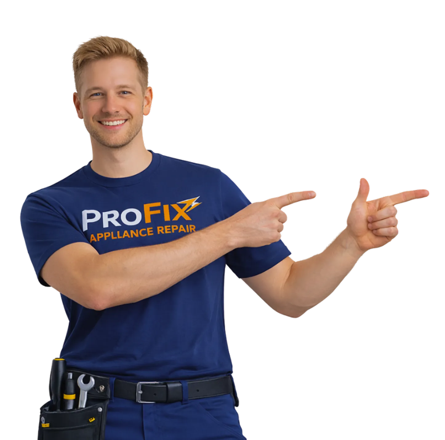 Smiling repair technician in a blue ProFix Appliance Repair T-shirt pointing to the right with both hands.