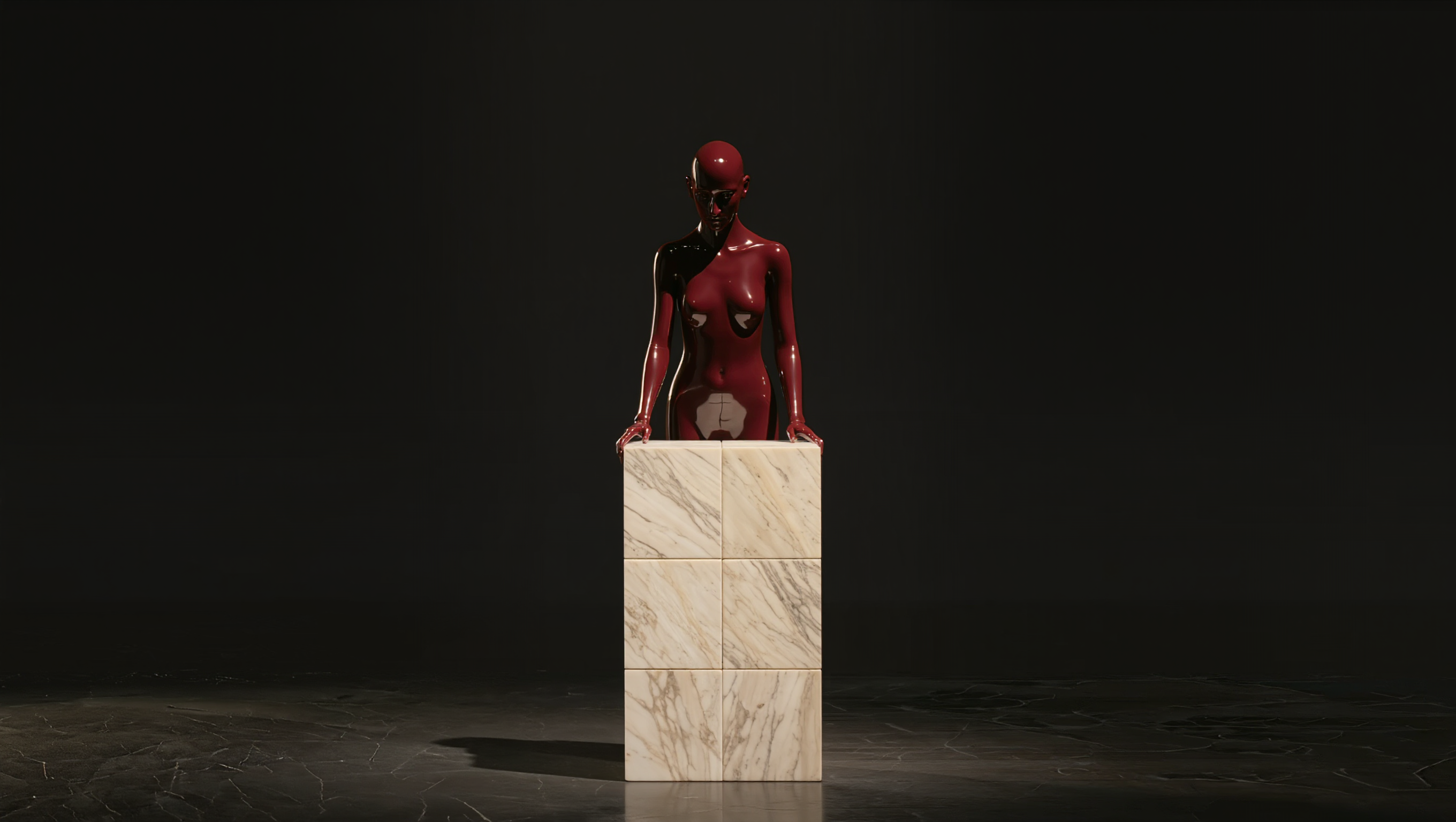Glossy red mannequin with a bald head leaning on a tall marble pedestal with six rectangular tiles against a dark background.