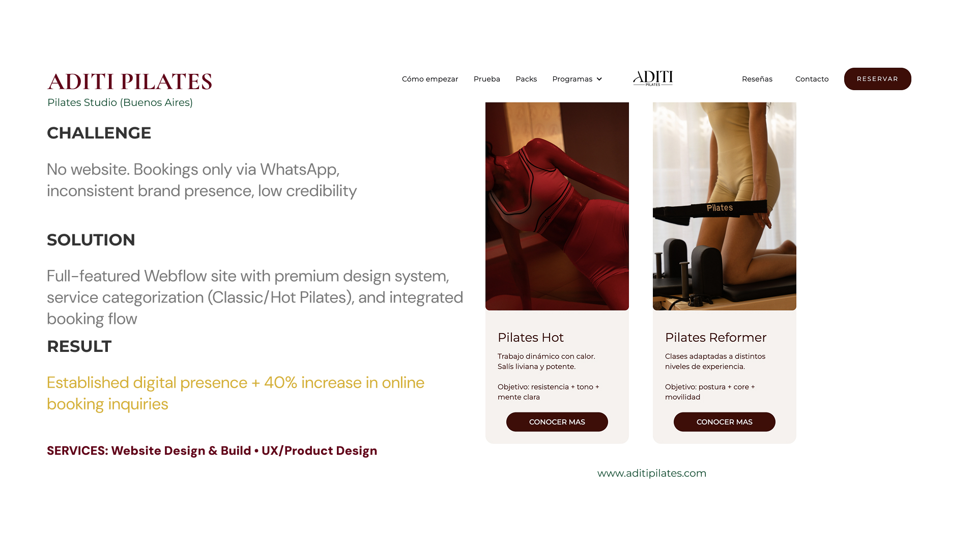 Aditi Pilates studio presentation highlighting the challenge of no website, the solution of a full-featured Webflow site, and a 40% increase in online bookings. Includes images of Pilates Hot and Pilates Reformer classes with descriptions and 'Conocer Mas' buttons.