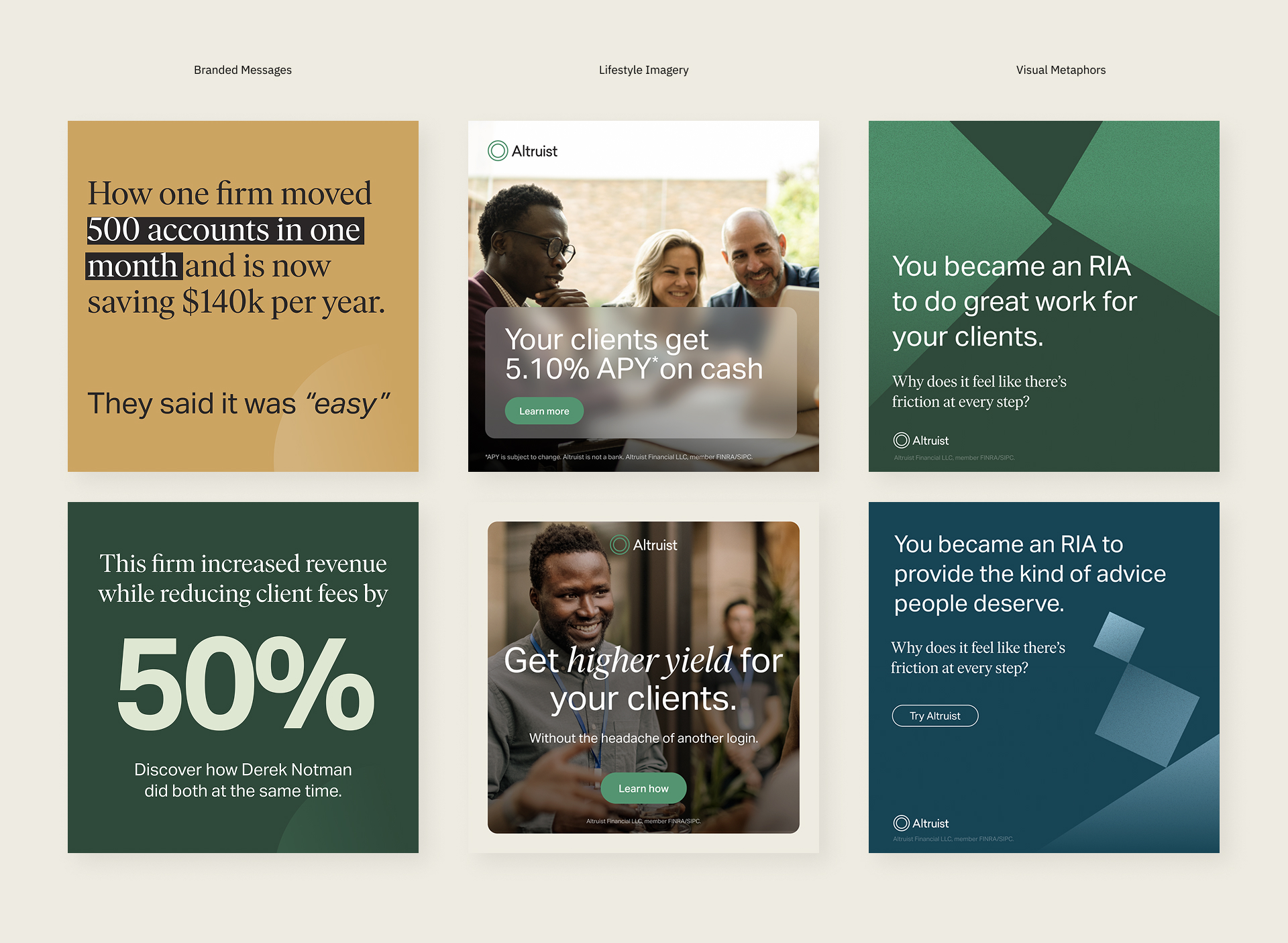 Six Altruist promotion panels showing client benefits like higher yield, reduced fees, and monthly account moves.