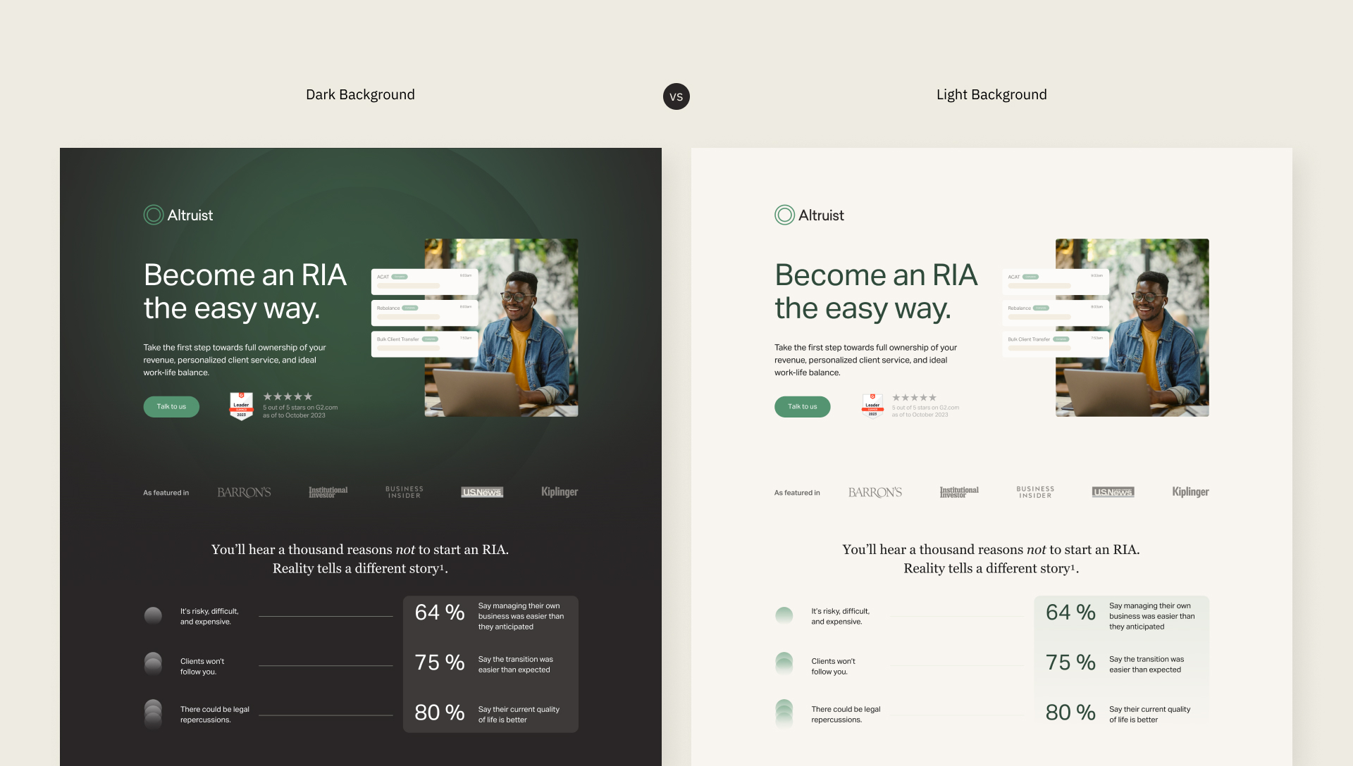 Side-by-side comparison of a financial service ad with dark and light backgrounds featuring a man using a laptop.