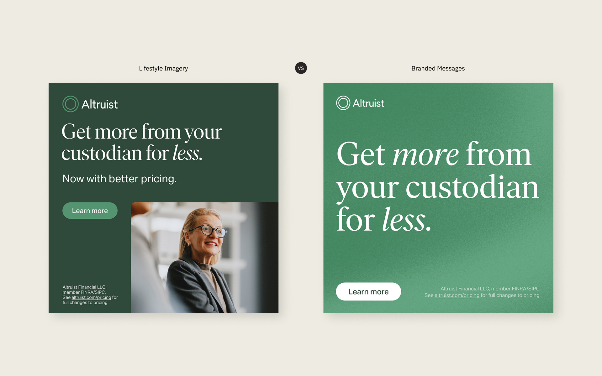Two Altruist ads side by side: one with a smiling woman and one with just text about pricing.