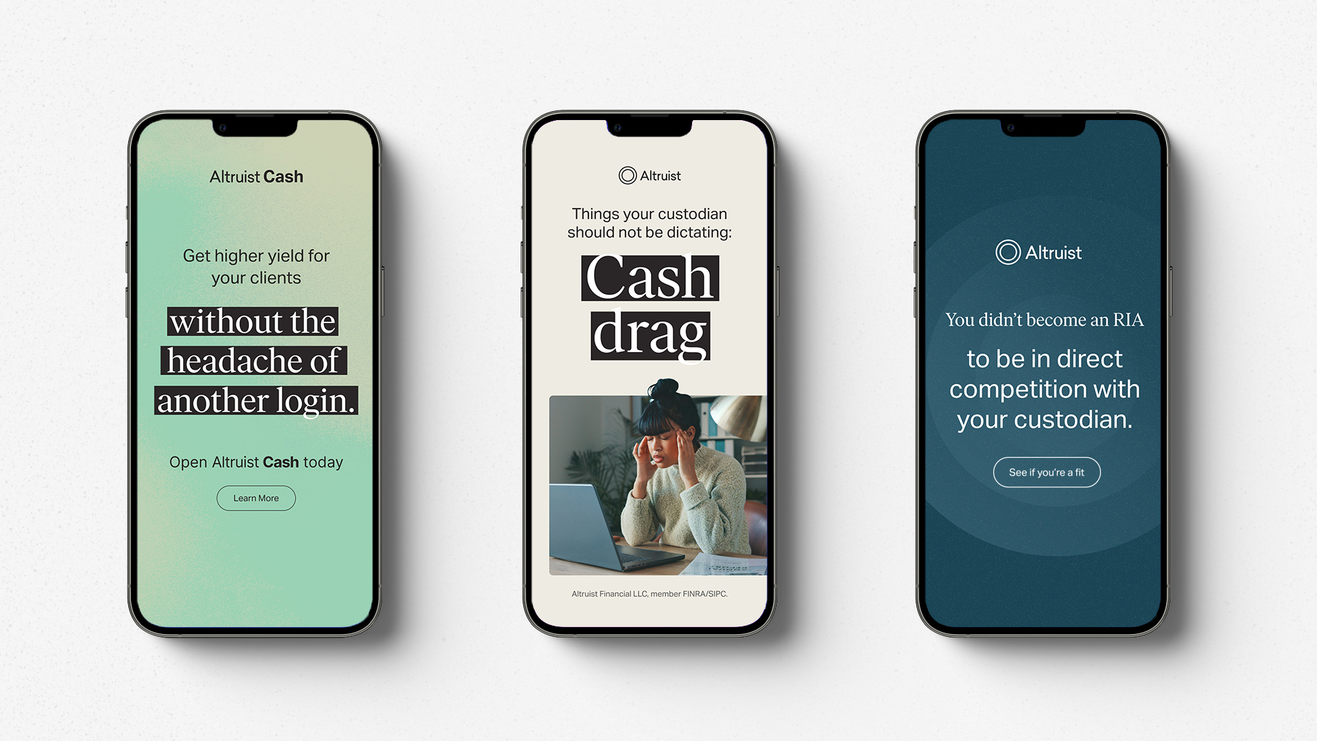 Three smartphones showing Altruist app screens about cash yield, avoiding login hassle, and custodian competition.
