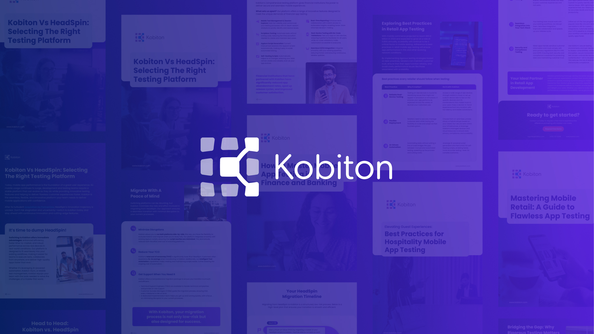 Kobiton logo centered over a collage of app testing platform guide pages and user images.