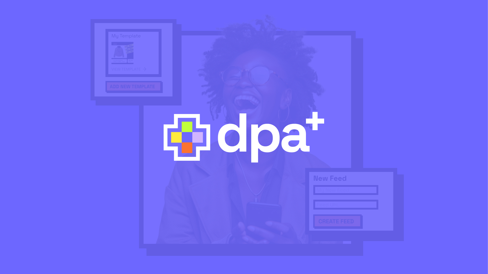 Smiling person holding phone with colorful dpa plus logo overlayed on purple background.