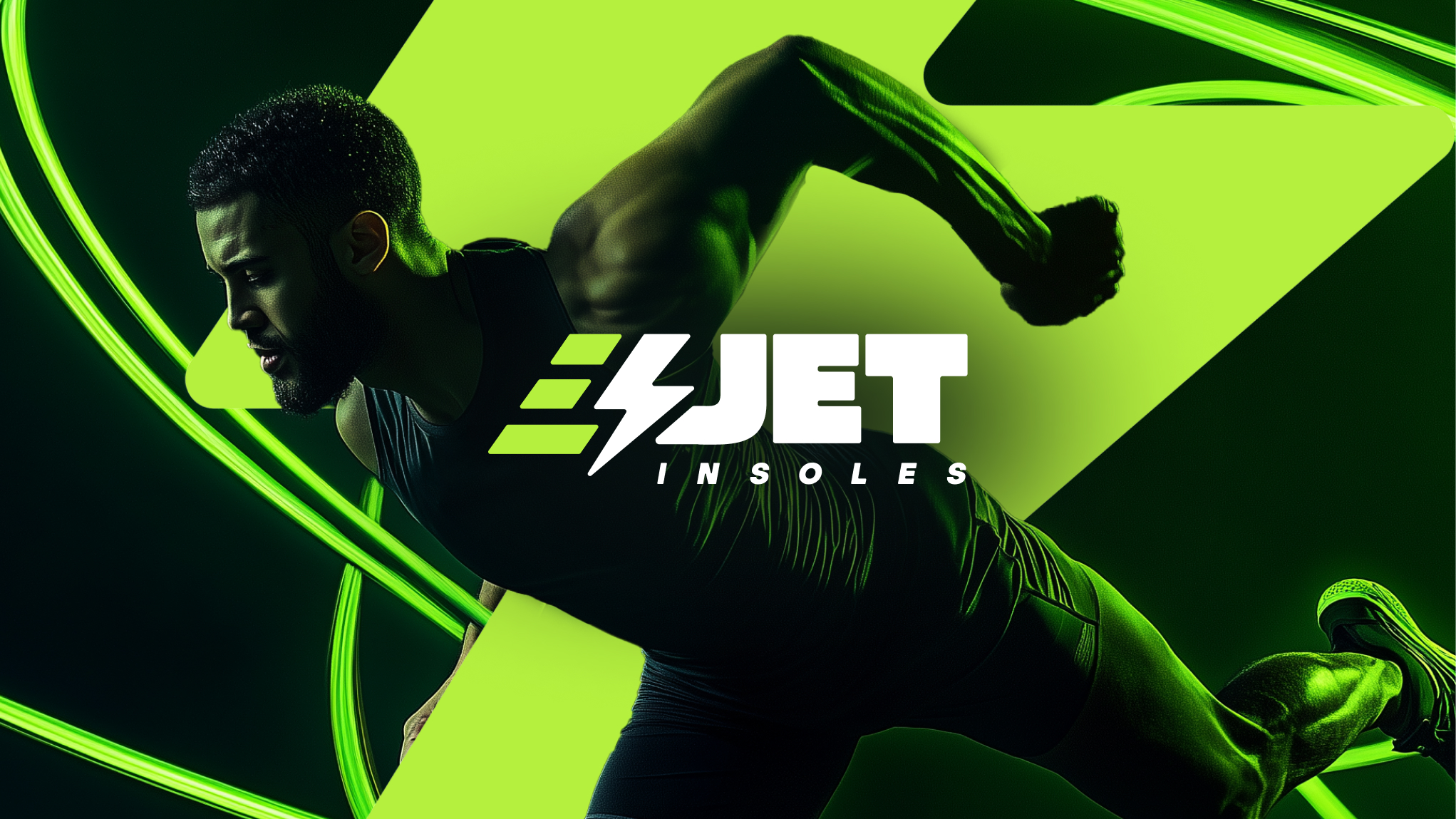 Athletic man in motion with green light trails and Jet Insoles logo overlayed.
