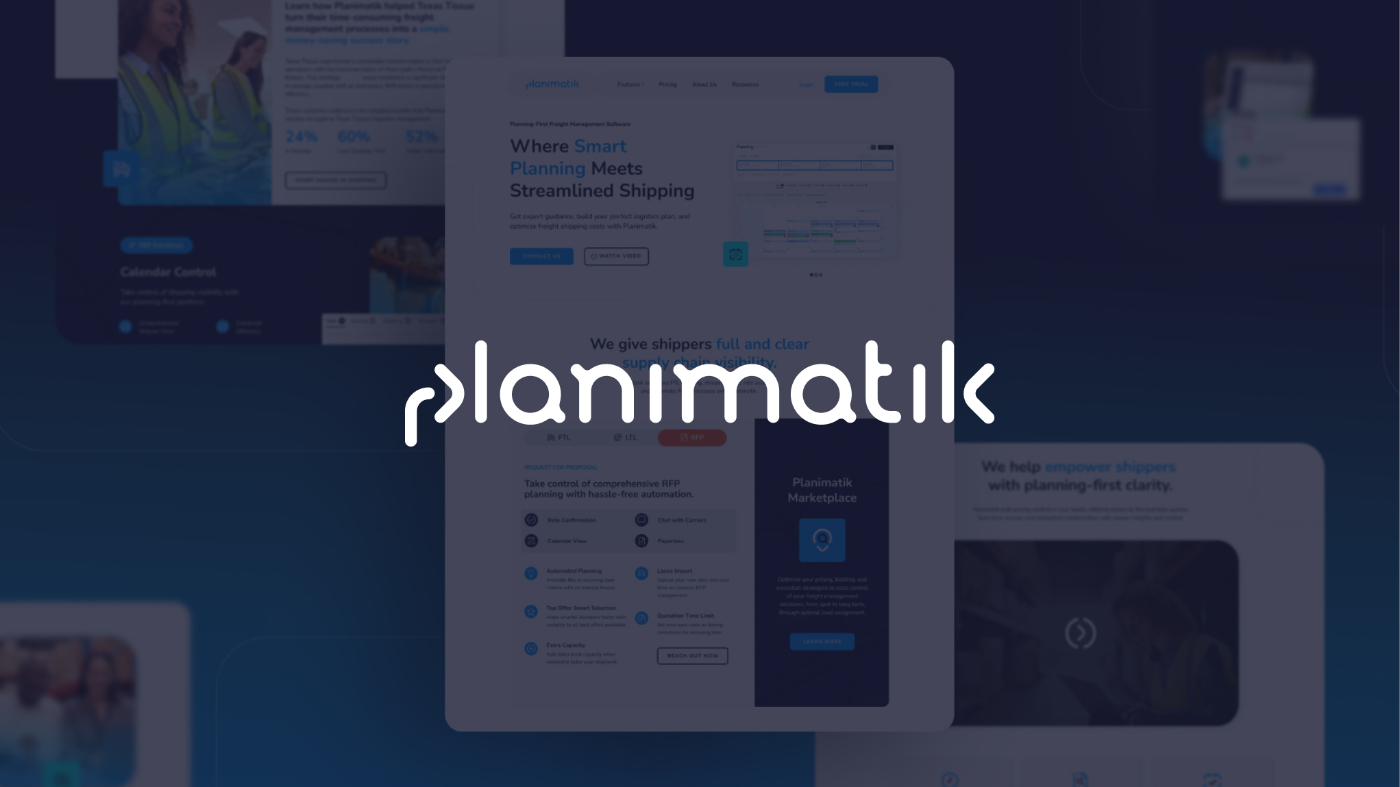 Planimatik logo over a blurred software interface showcasing freight planning features.
