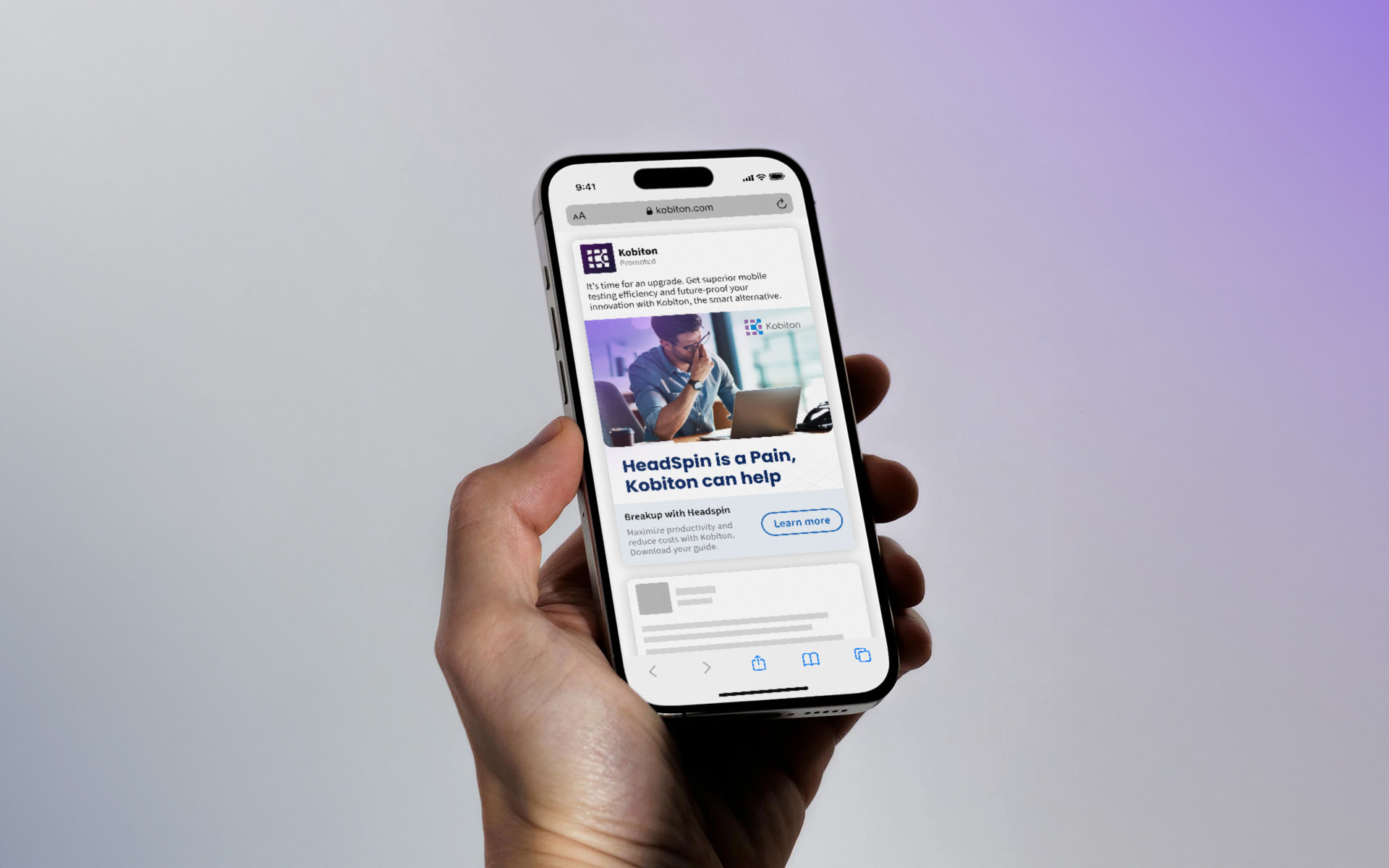 Hand holding a smartphone showing a Kobiton ad about upgrading mobile testing and breaking up with Headspin.