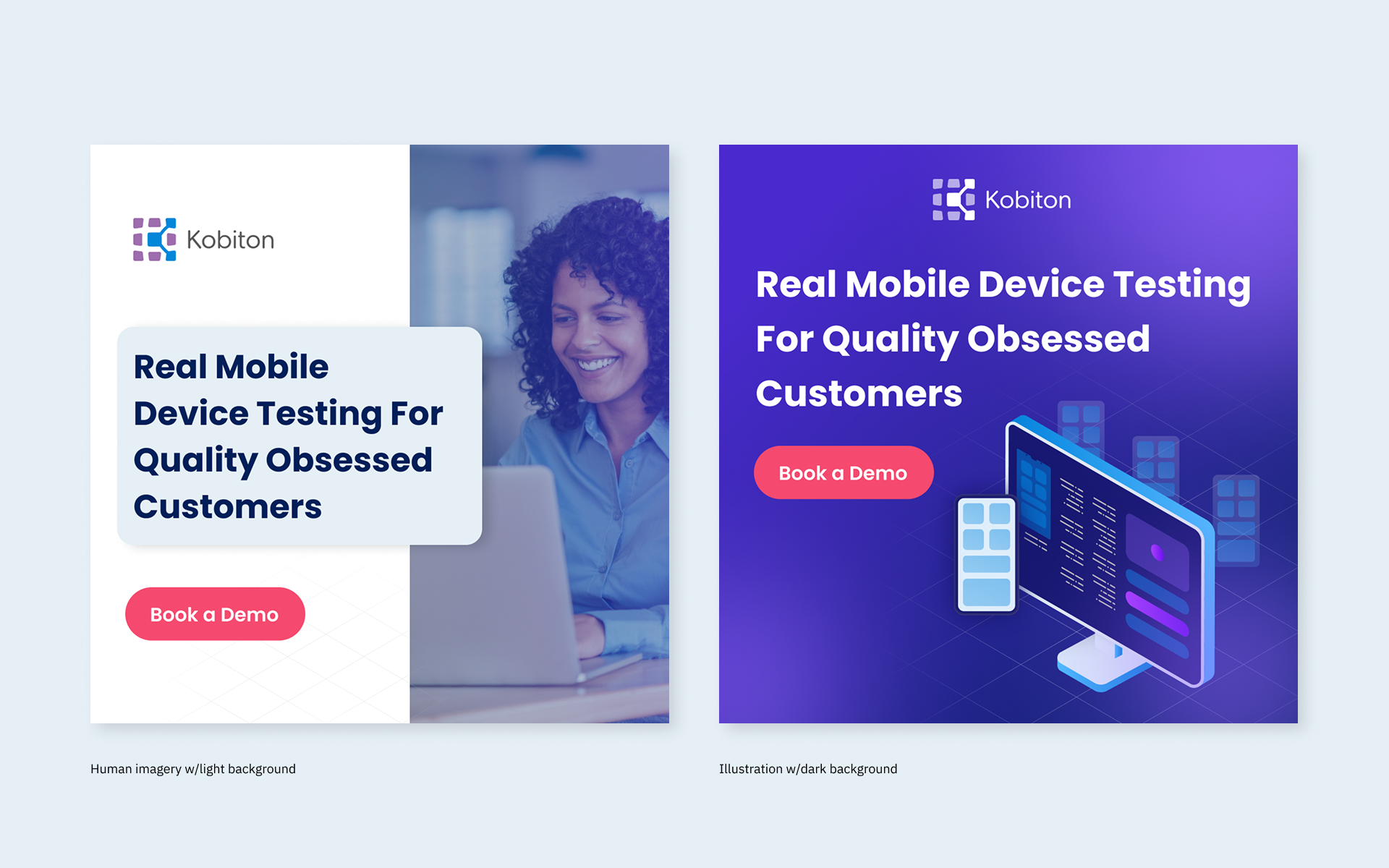 Side-by-side ads for Kobiton's real mobile device testing featuring a woman on a laptop and a tech illustration.