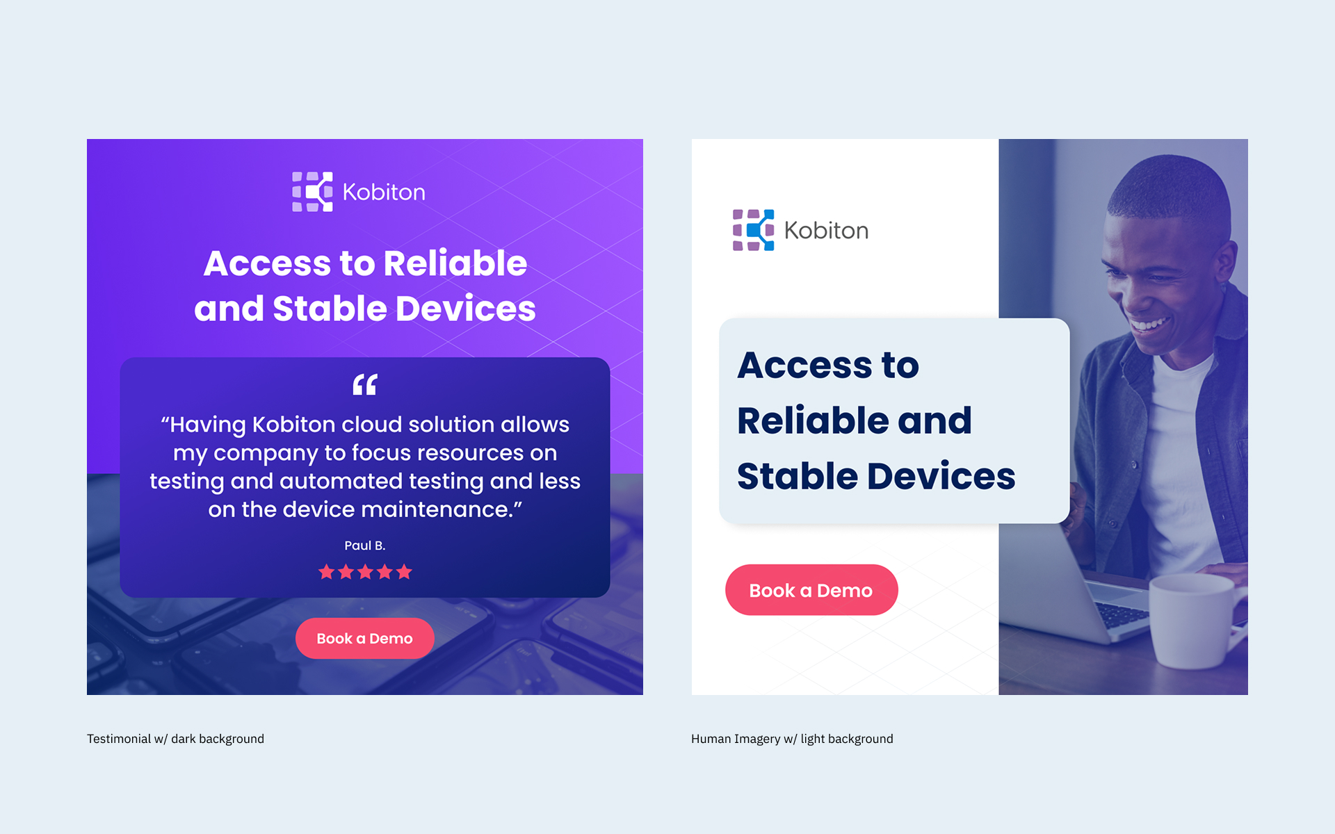 Two Kobiton ads: left has testimonial about cloud solution and right shows man using laptop with book demo button.