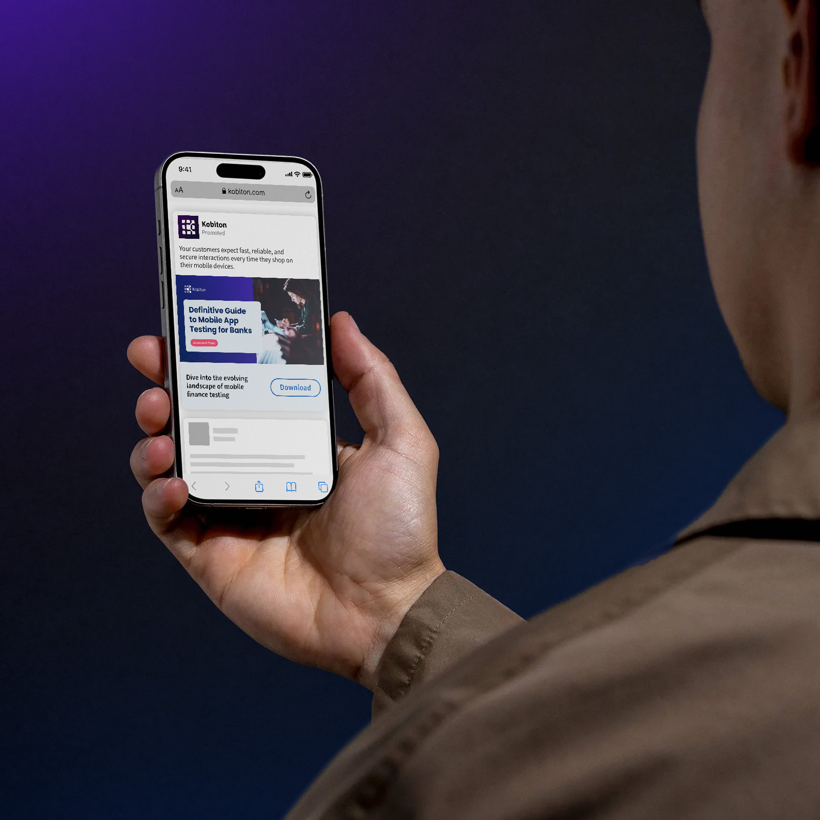 Person holding smartphone showing Kobiton guide on mobile app testing for banks with a download button.