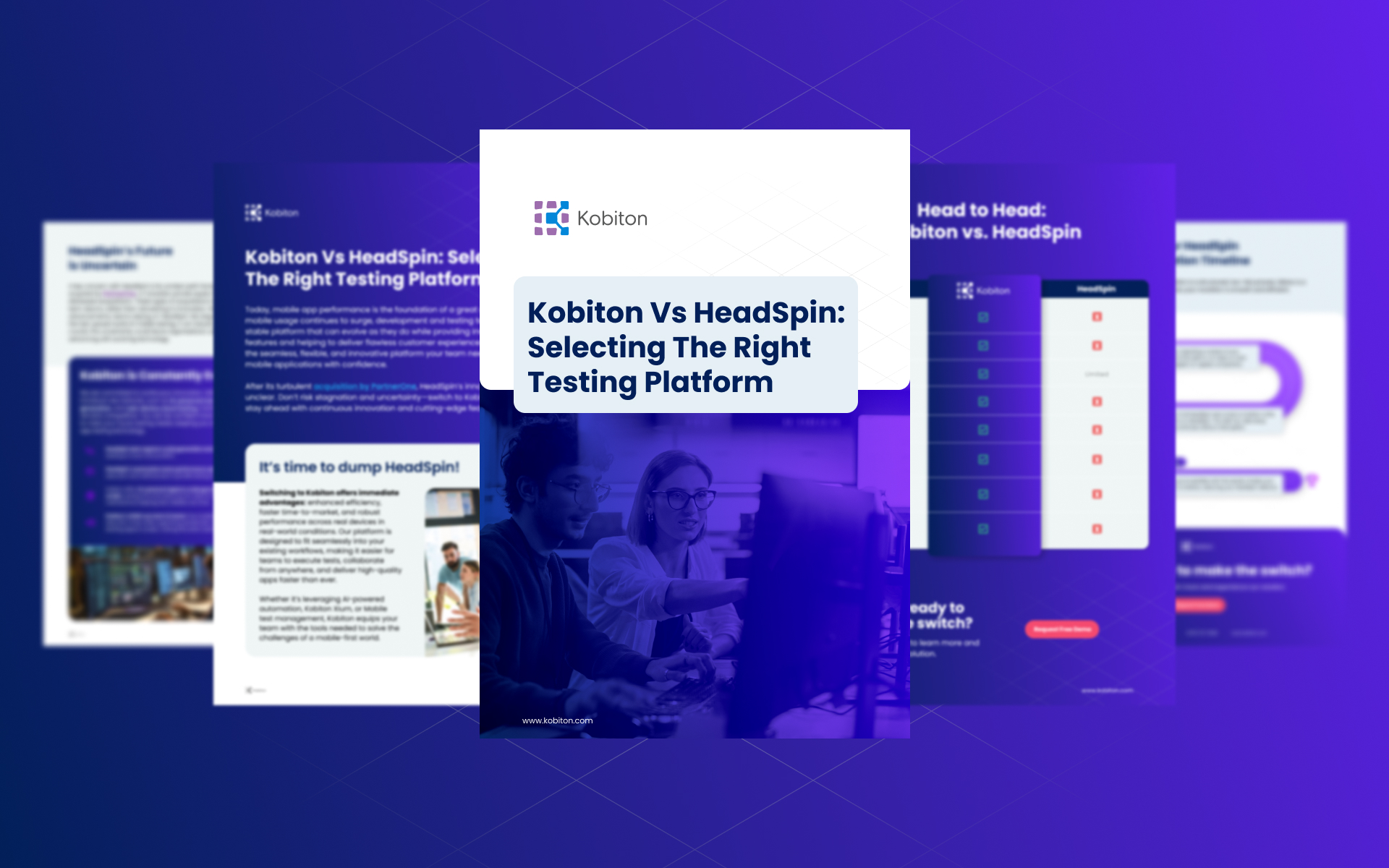 Cover of a report titled 'Kobiton Vs HeadSpin: Selecting The Right Testing Platform' with two people working at a computer.