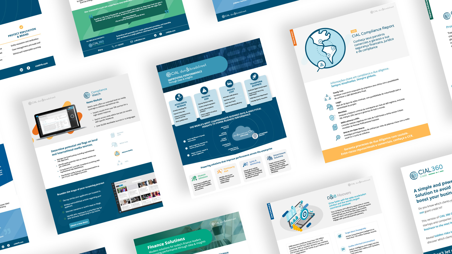 Collage of business data and compliance report flyers showing analytics, finance, risk management, and credit solutions.