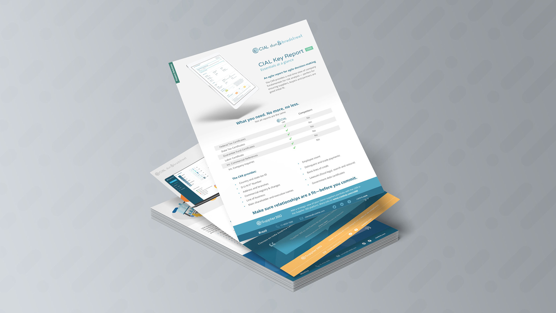 Stack of printed business reports with one labeled CIAL Key Report on top on a gray background.