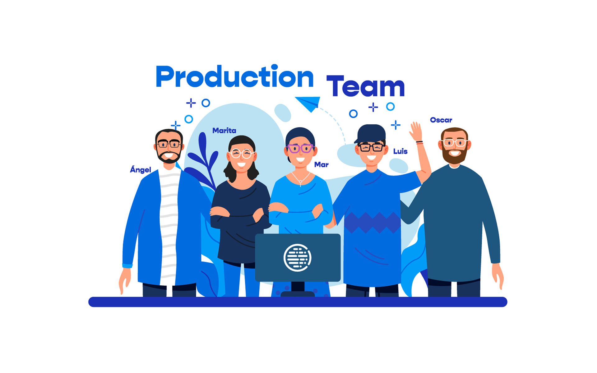Illustration of five diverse production team members smiling, standing behind a computer monitor.