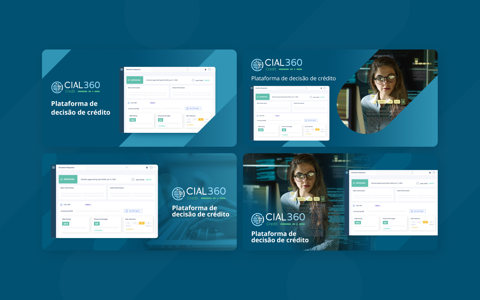 CIAL360 credit decision platform interface and a woman wearing glasses analyzing data on a computer.