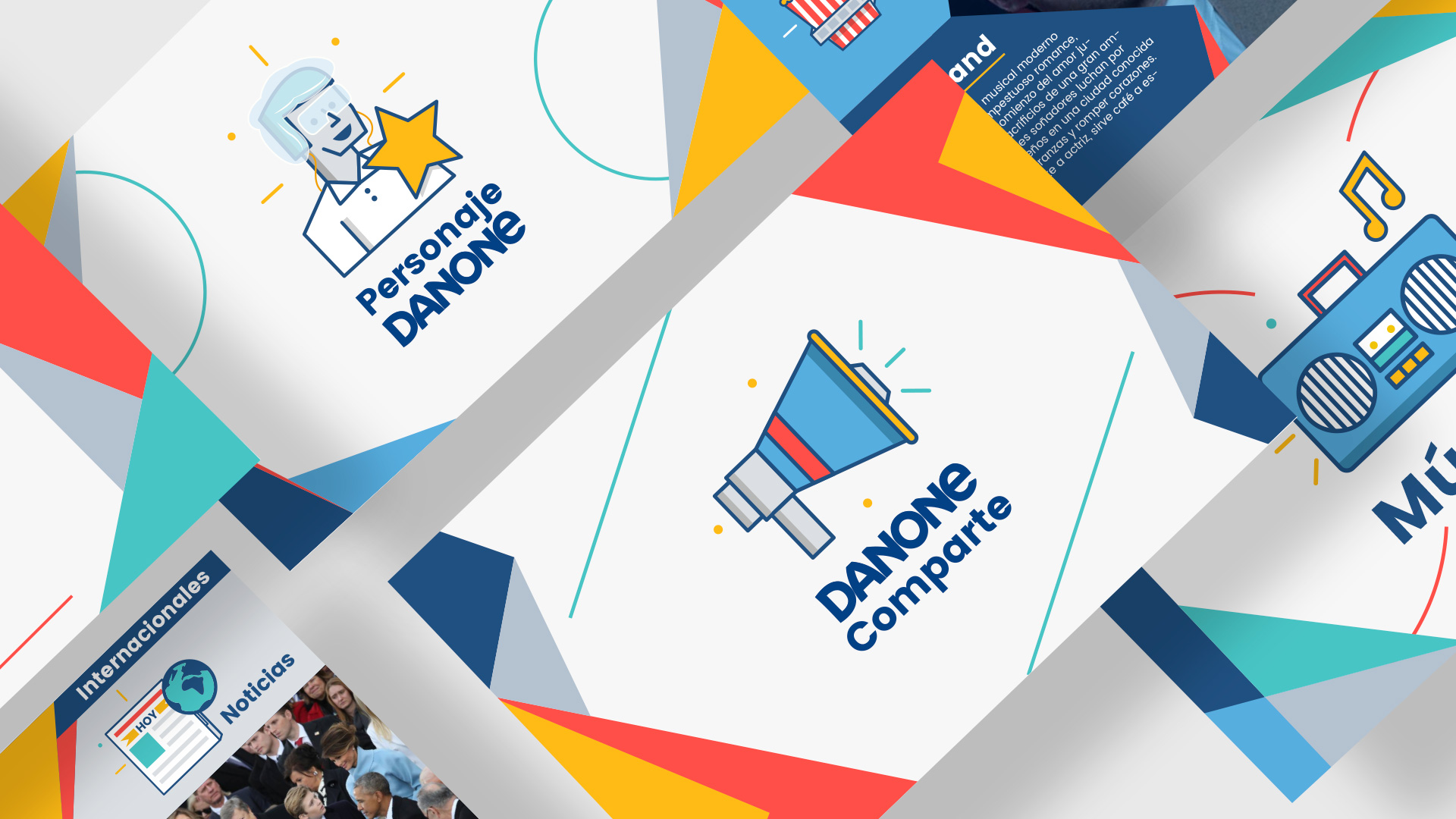 Colorful geometric design with Danone icons including a person, megaphone, and radio.