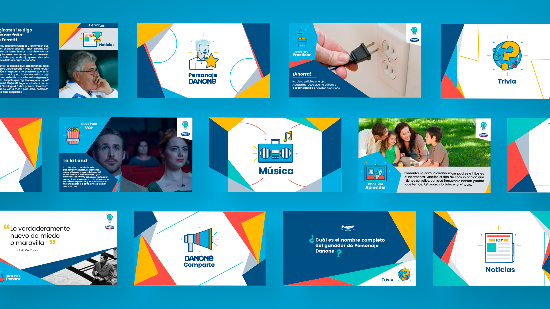 Collage of colorful slides showing topics like music, trivia, saving energy, and family communication.