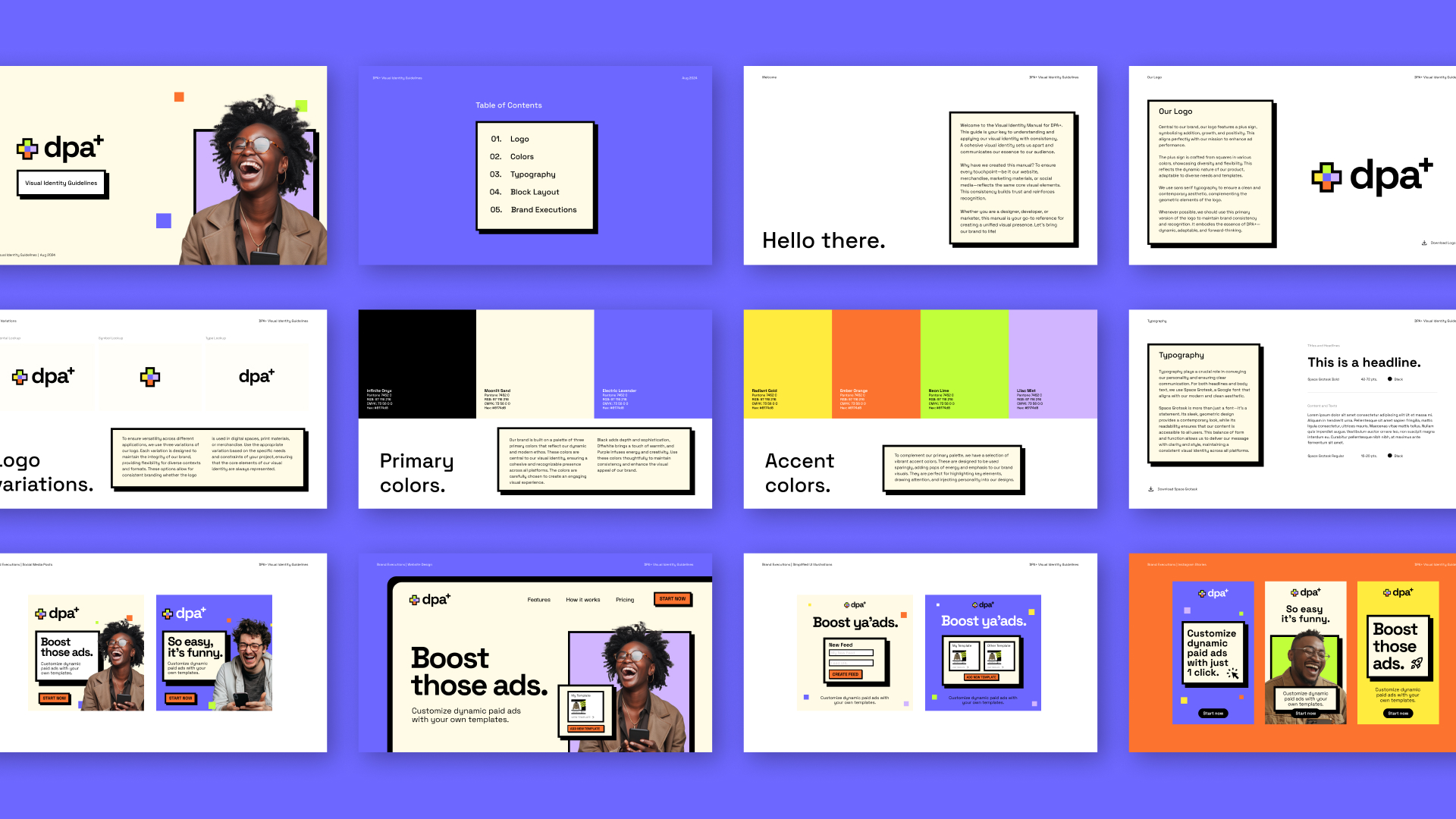 Graphic showing 'THE CREATIVE STRATEGY AGENCY' in various colors, outlines, and Klarheit Grotesk font styles.