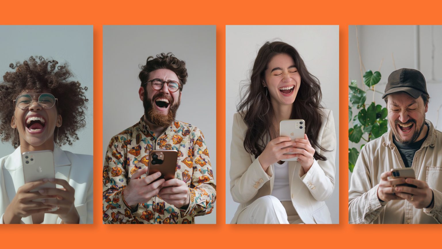 Four diverse people laughing joyfully while looking at their smartphones with bright backgrounds.
