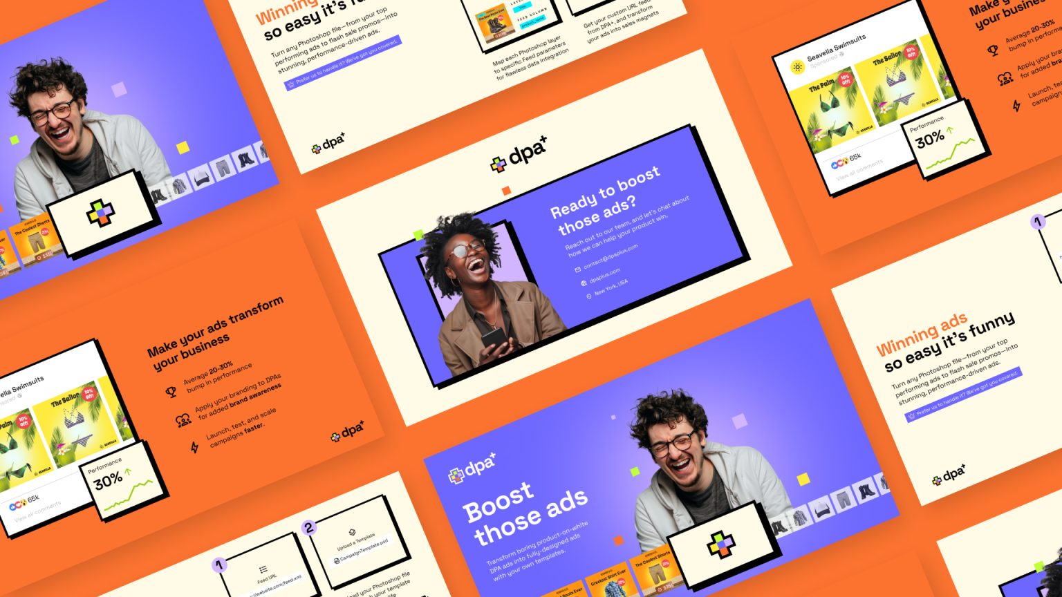 Multiple colorful ad campaign slides featuring smiling people, product promos, and marketing stats.