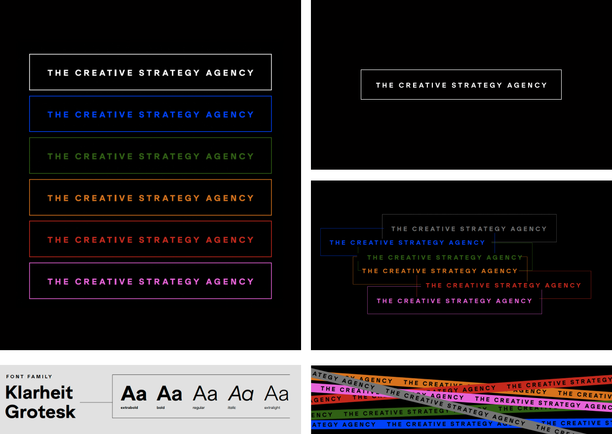 Design samples of 'The Creative Strategy Agency' text in various colors and Klarheit Grotesk font styles.