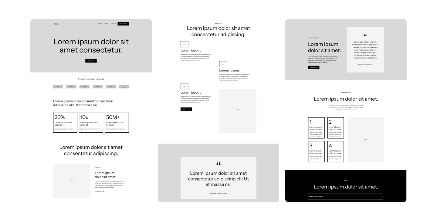 Wireframe layout of webpage with text blocks, icons, statistics, quotes, and visual placeholders.