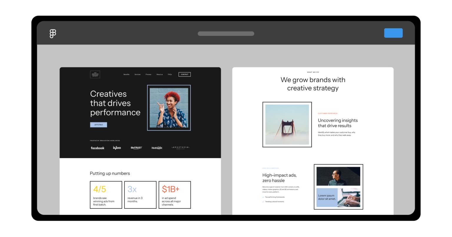 Blue ad with text to supercharge online advertising and a demo button, showing Instagram ad previews.