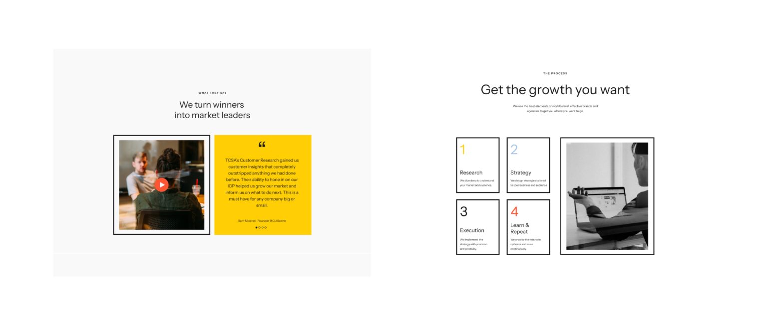 Two sections: left shows testimonial with video thumbnail; right outlines growth process steps in boxes.