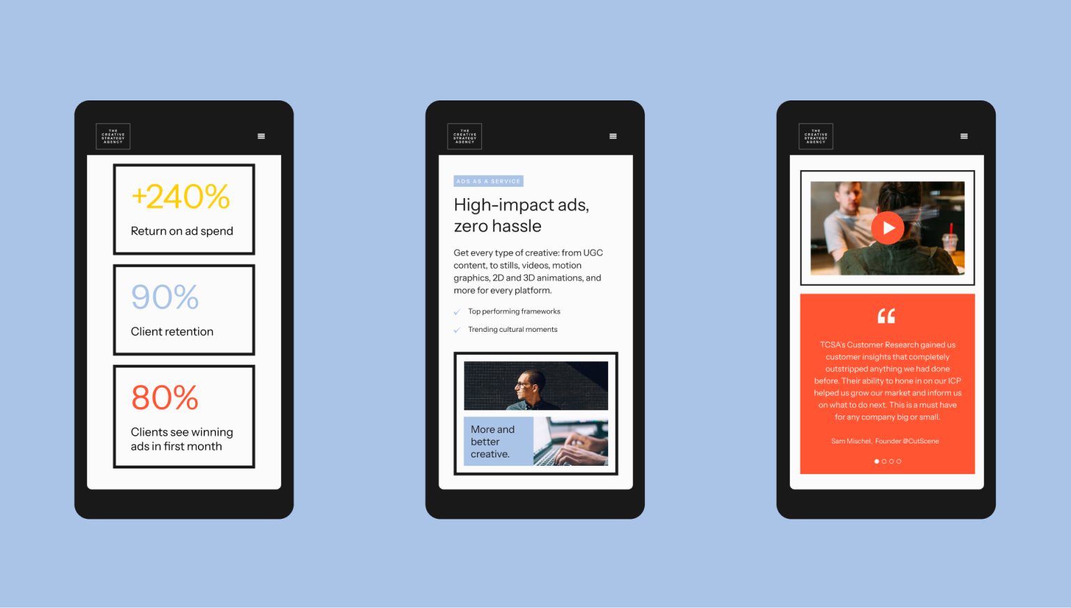 Three smartphone screens showing ad performance stats, service description, and customer testimonial with video.