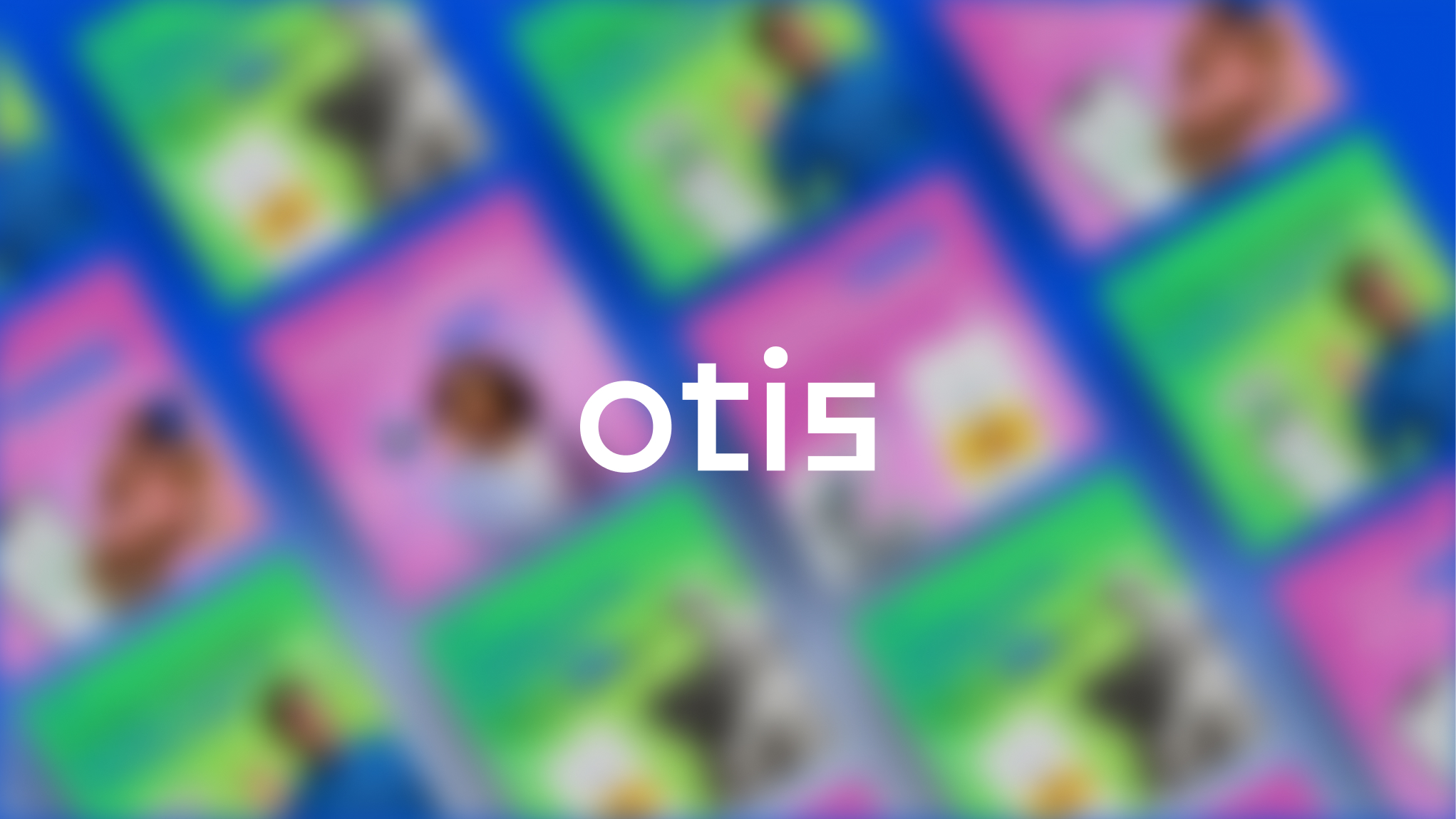 White Otis logo centered over blurred colorful image grid with pink and green squares.
