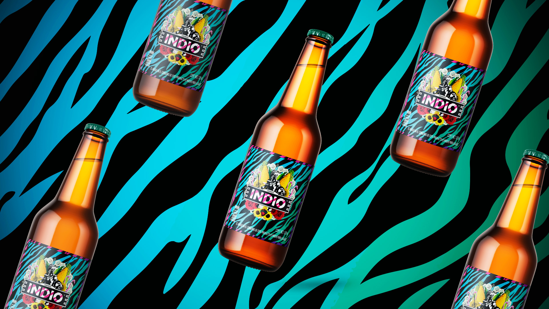 Five Indio beer bottles arranged diagonally across a teal-to-green zebra-print background, repeating the redesigned label.