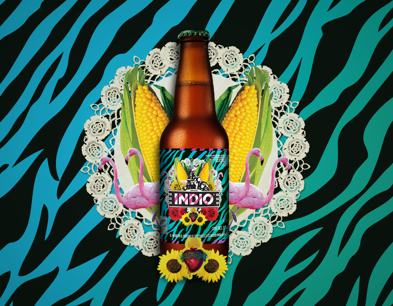 A single Indio beer bottle centered against a lace doily, corn cobs, and two pink flamingos, with a sunflower-and-heart motif below, on a teal zebra-print background.