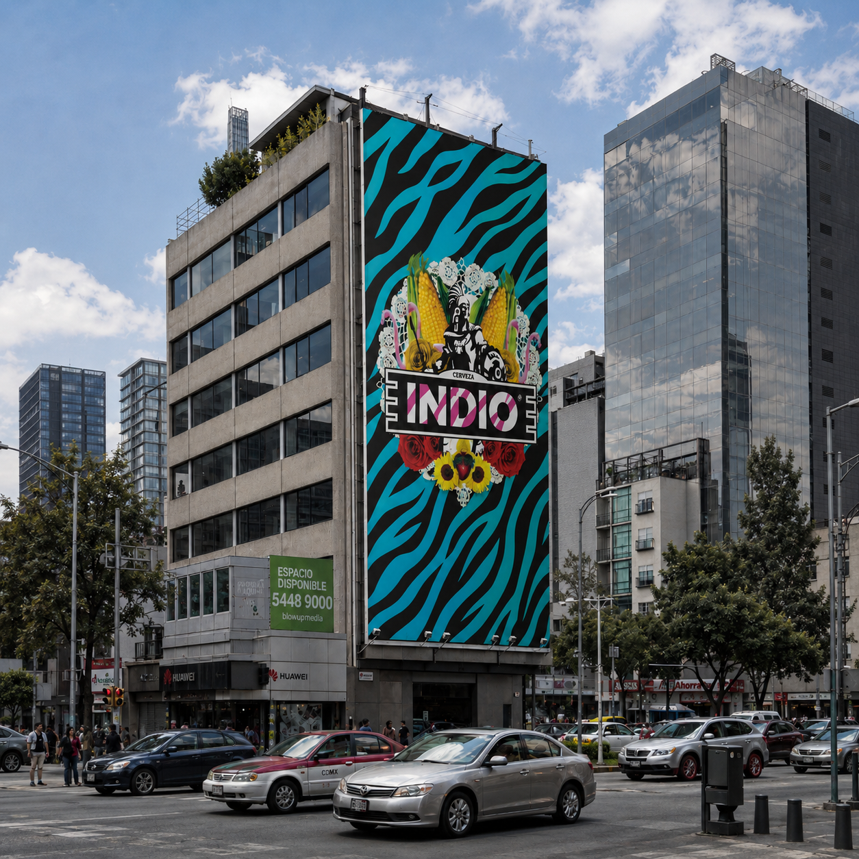 Street-level photo of the Indio campaign artwork printed on the full side of a building in Mexico City, showing the teal zebra pattern and label design at large scale, with pedestrians, cars, and surrounding buildings.