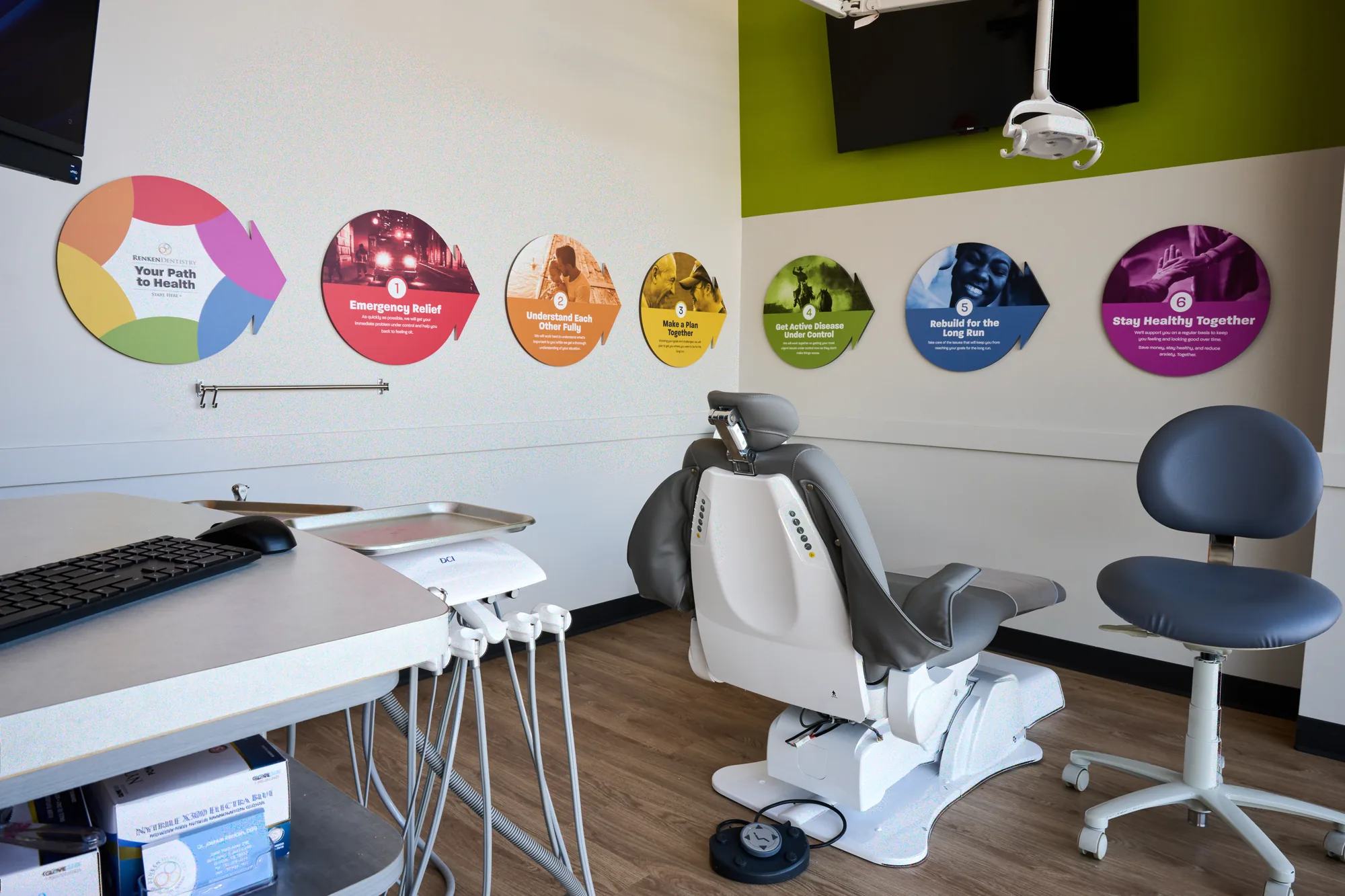 Treatment room at Renken Dentistry of Belterra with Path to Health signs