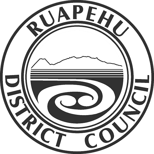 Ruapehu District Council circular logo with mountain and spiral river design inside.