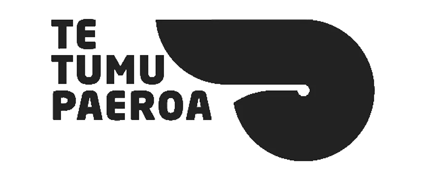 Logo with the text Te Tumu Paeroa and a large stylized black swirl shape on the right.